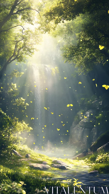 Sunlit forest waterfall with stream and scattered butterflies.