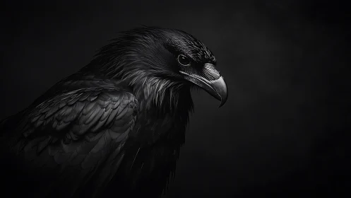 Side profile study of dark-feathered corvid in low key.