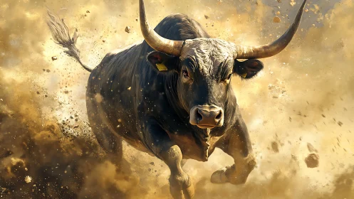 Charging bull amid dust and debris in dynamic motion.