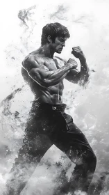 Martial artist emerging through splintered monochrome energy.