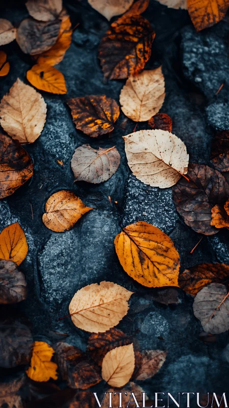 Autumn leaves rest on wet stone in moody blue light.