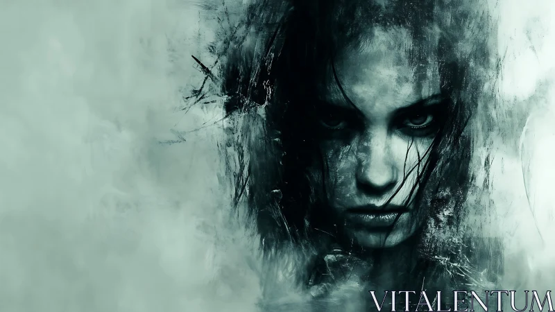 Haunting female visage emerges through abstract shadows.