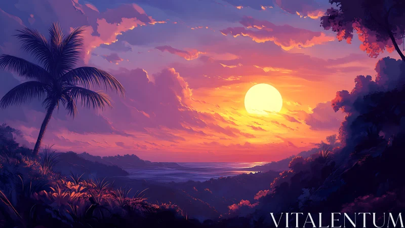 Tropical coastline sunset with bold orange and purple sky.