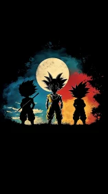 Silhouetted warriors before full moon on split sky backdrop.