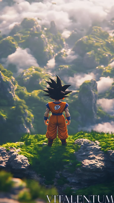 Anime figure on cliff above clouded green valley landscape.