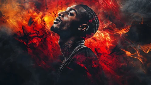 Portrait of a man rising through blazing red and orange fire