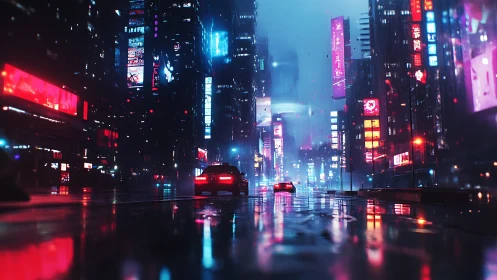 Rain-soaked cyberpunk avenue with neon-lit high-rise facades