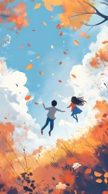 Autumn skyward leap with children adrift in swirling leaves.