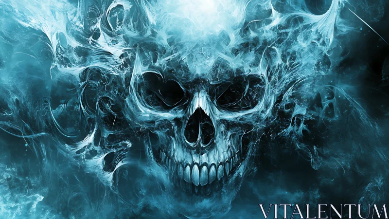 Digitally rendered skull emerges from turbulent blue smoke