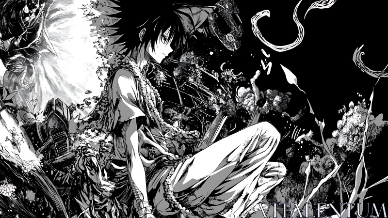 Solitary anime warrior drifts through violent monochrome void