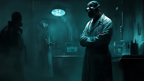Surgeon in eerie teal lab stands amid shadowed observers.