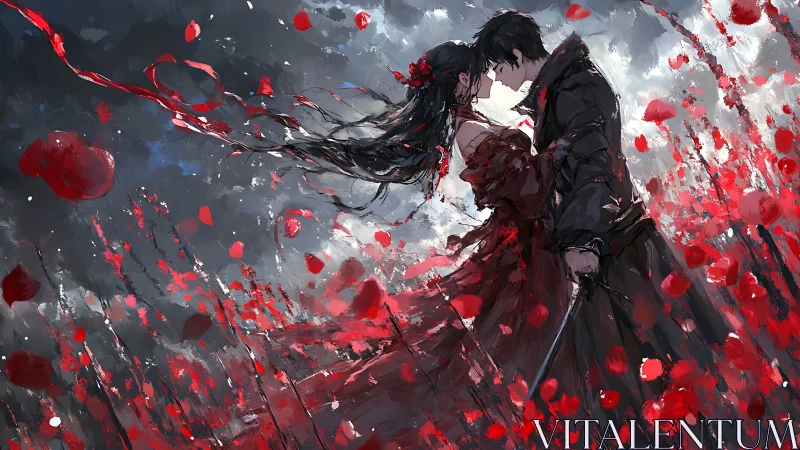 War-torn lovers embrace amid crimson battlefield storm.