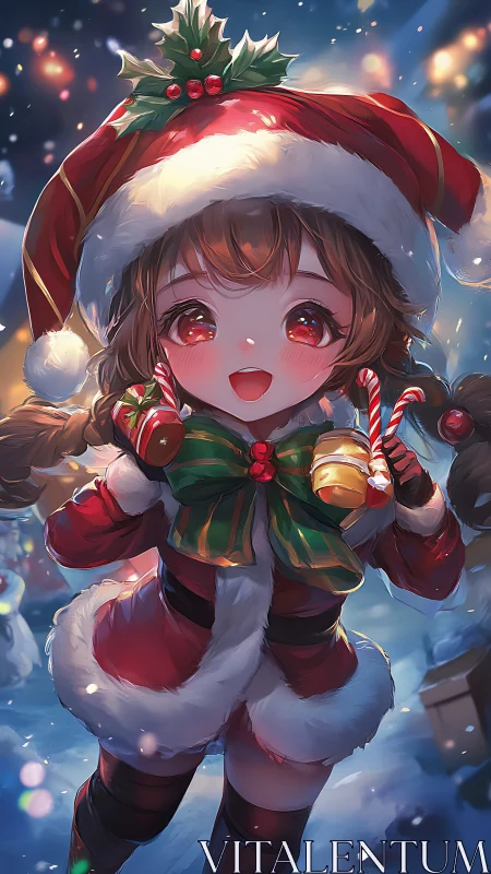 Candy-cane comet girl in sparkling Christmas snowfall glow.