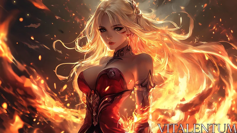 Blonde female figure in red armor amid surrounding flames.