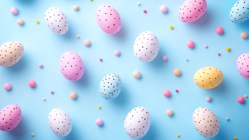 Pastel speckled eggs scatter over bright blue background.