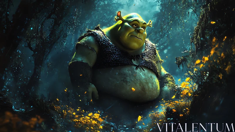 Ogre character in luminous swamp glade with cinematic lighting