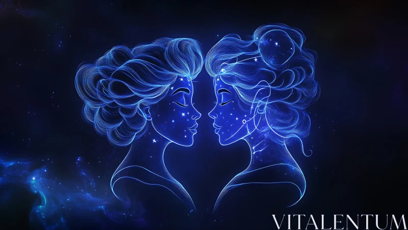 Gemini Twins Glowing Neon Portrait. Celestial Connection.