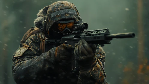 Winter camouflaged marksman aiming rifle with optic in snowfall