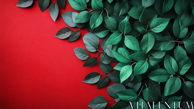 Emerald foliage arranged over bold textured red backdrop.