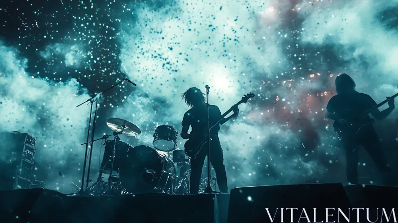 Silhouetted rock band on stage in blue atmospheric concert haze