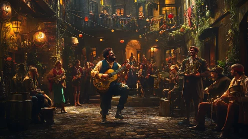 Lively courtyard band ignites warm lantern lit street festival.