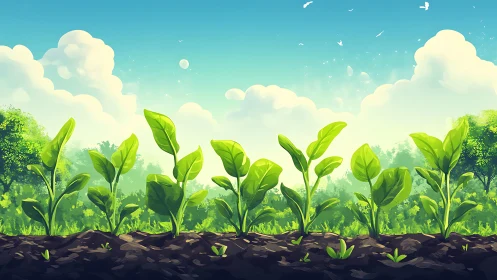 Young green seedlings growing in bright sunny garden soil.