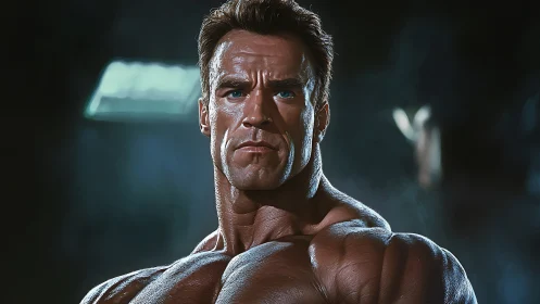 Hyperreal muscular portrait under dramatic rim light.