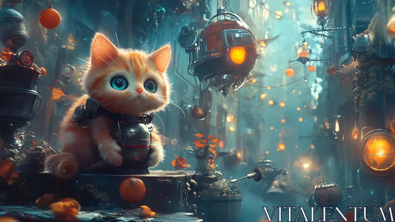 Curious orange kitten explores a glowing steampunk alleyway