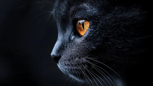 Close-up black cat with striking golden amber eyes on dark background.