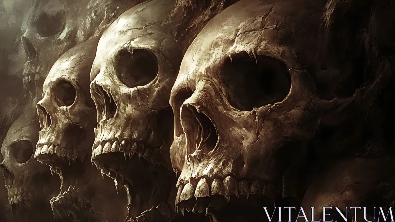 Row of decayed human skulls in dim, atmospheric lighting.