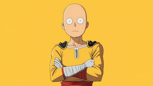Bald anime character in yellow suit on flat yellow background.