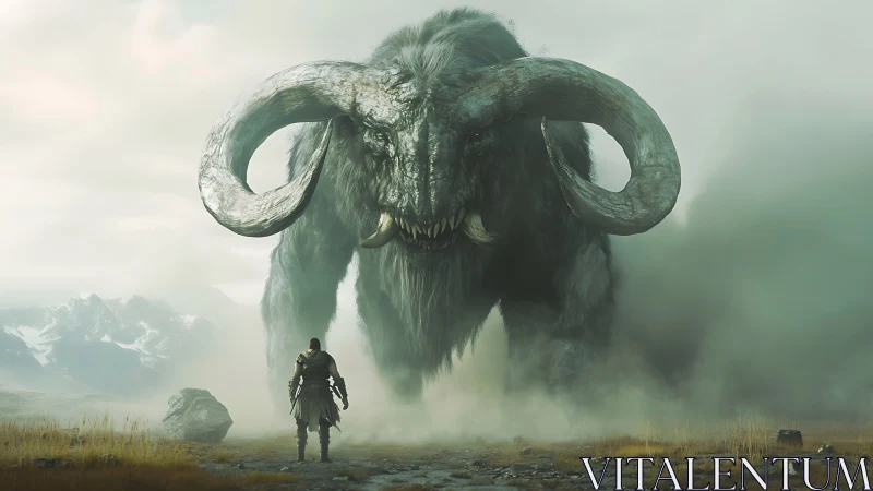 Lone wanderer confronts colossal horned mistbeast at dawn.
