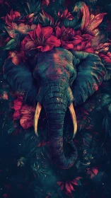 Floral crowned elephant in vivid teal and crimson palette.