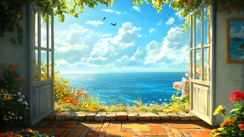 Open terrace doors frame bright coastal ocean view