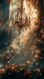 Crystal chandelier in rose filled hall with glowing dust