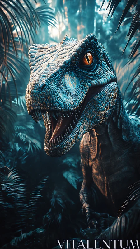 High-detail velociraptor render with subsurface-lit scales in jungle