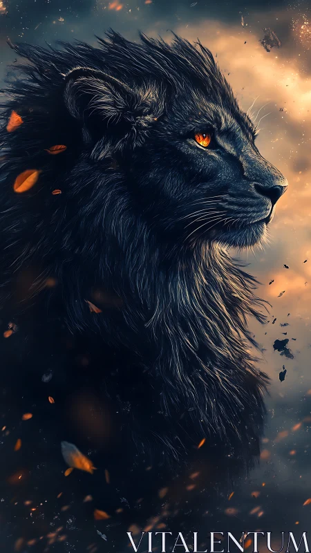 Stormborn ember-eyed lion reigning in twilight embers.