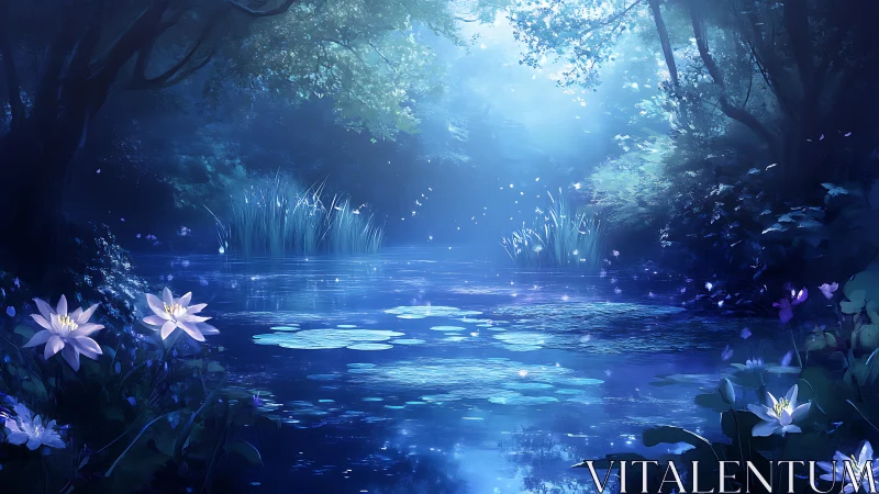 Moonlit forest pond glows with lilies and drifting fireflies.