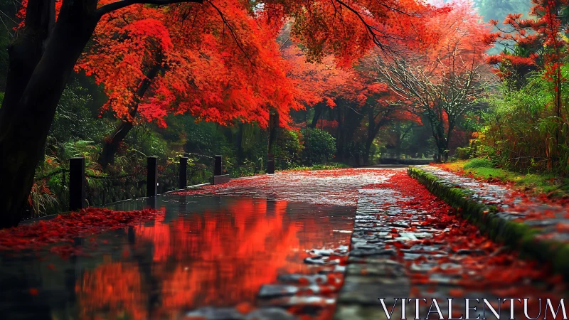 Stone path with red autumn foliage and reflective water surface.