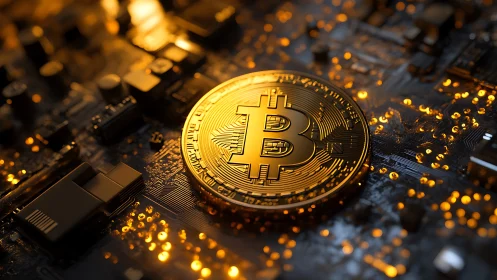 Golden bitcoin glows over circuit board in high tech light