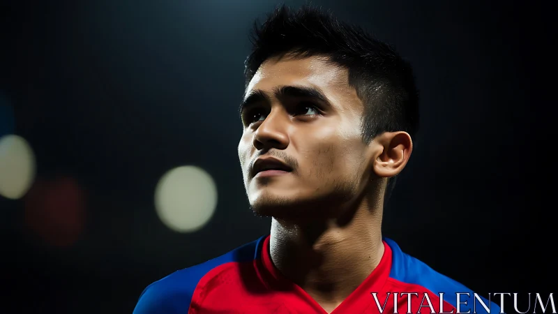 Focused young soccer player under bright stadium lights.