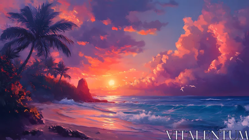 Sunset surf hums beneath cotton-candy storm clouds