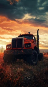 Weathered red truck resting proudly under a glowing sunset.