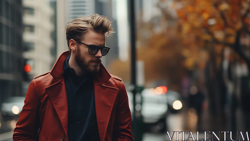 Stylish man in red coat walks through moody autumn city street.