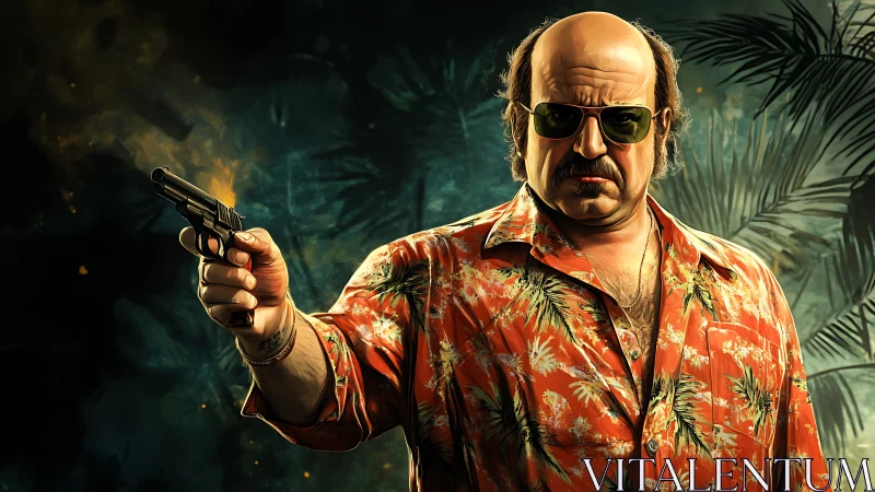 Middle-aged man in tropical shirt points handgun forward