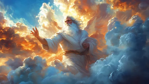 Storm-lit sky elder weaving light between thunderclouds.