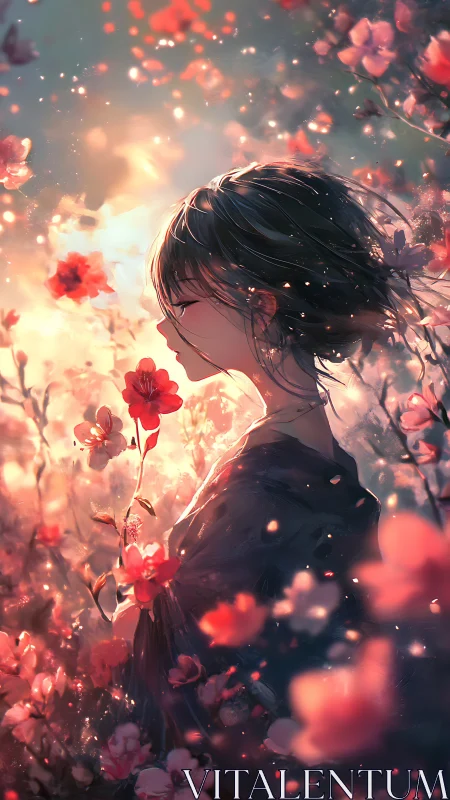Girl in glowing floral field breathes soft sunset light.