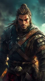 Battle-worn fantasy warrior under storm-lit cinematic sky.