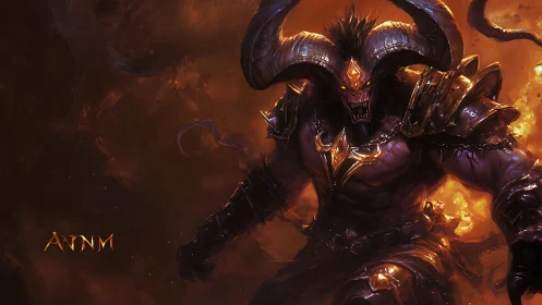 Infernal horned warlord emerging from molten shadowfire.