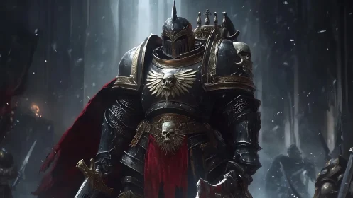 Armored dark paladin under falling ash in gothic hall.